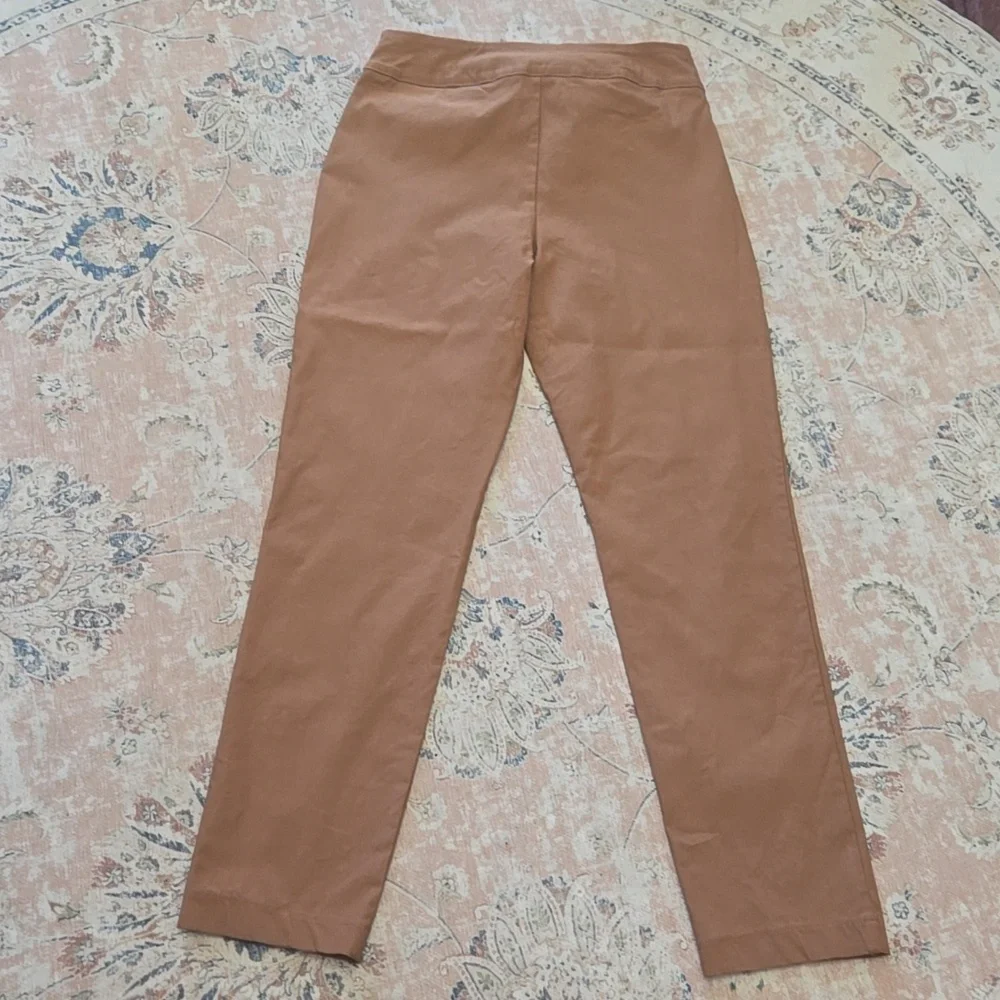 Joseph Ribkoff Tan Stretch PullOn Pant Button Trim Taper Leg Stitched Crease 12 - Picture 3 of 4